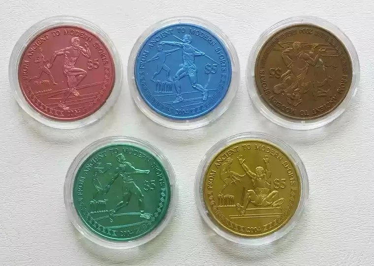 【随心拍】现代金银币拍卖第七期 五彩奥运! 利比里亚2004年奥运比赛项目彩色铌币5枚