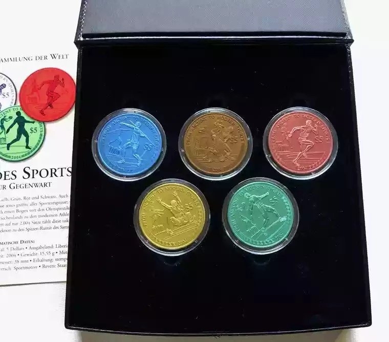 【随心拍】现代金银币拍卖第七期 五彩奥运! 利比里亚2004年奥运比赛项目彩色铌币5枚