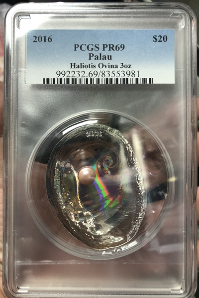 【随心拍】现代金银币拍卖第八期 - PCGS PR69分  2016年帕劳羊耳鲍珍珠镶嵌精制获奖银币.3盎司