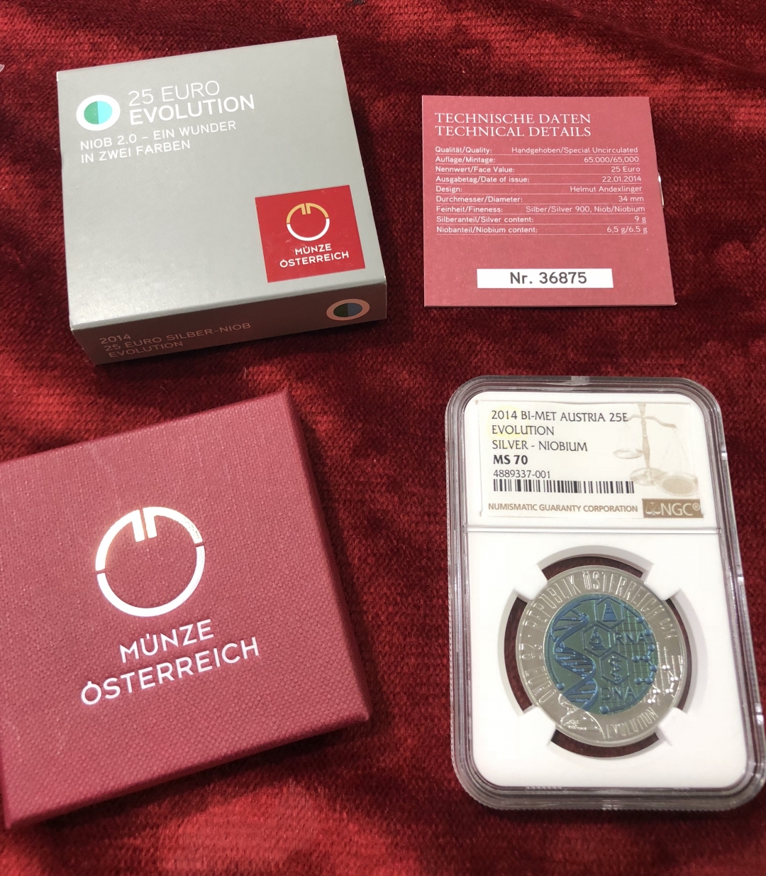 【随心拍】现代金银币拍卖第八期 NGC70,获奖币奥地利2014年银铌镶嵌系列进化论三色银铌币 