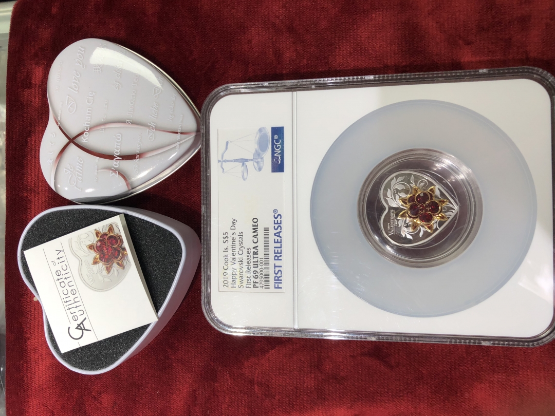 【随心拍】现代金银币拍卖第八期 蓝标NGC69分2019年库克情人节镶嵌水晶钻饰心形精制银币 