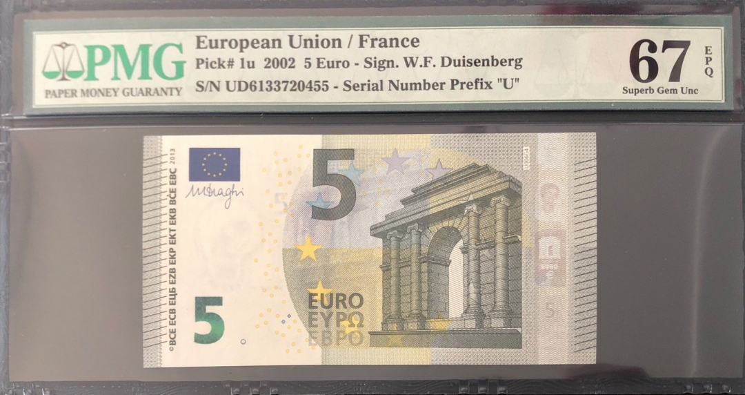 收藏联盟第七十八期拍卖 欧元2002版5欧 法国 PMG67 S/N:UD6133720455