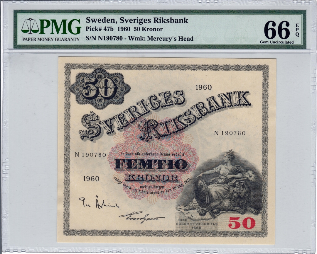 收藏联盟第七十八期拍卖 瑞典1960年50克朗 P-47b 稀少冠军分 PMG66 S/N:N190780
