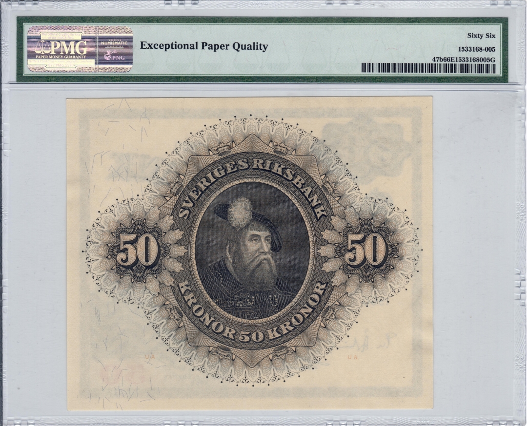 收藏联盟第七十八期拍卖 瑞典1960年50克朗 P-47b 稀少冠军分 PMG66 S/N:N190780