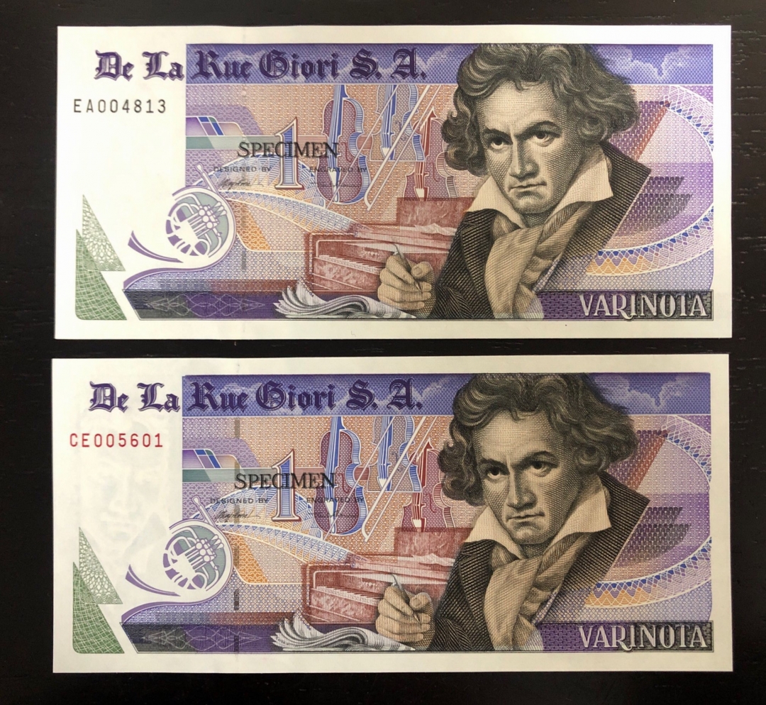 收藏联盟第七十八期拍卖 德拉罗贝多芬测试钞红黑字各一张 UNC