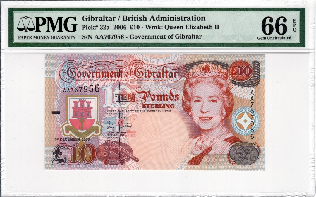 收藏联盟第七十八期拍卖 PMG66 直布罗陀2006年10镑 P-32a AA冠 女王 S/N:AA767956
