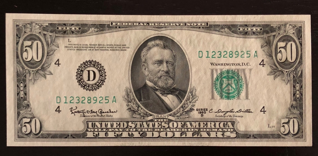 收藏联盟第七十八期拍卖 美国1950年50元联邦储备券 UNC