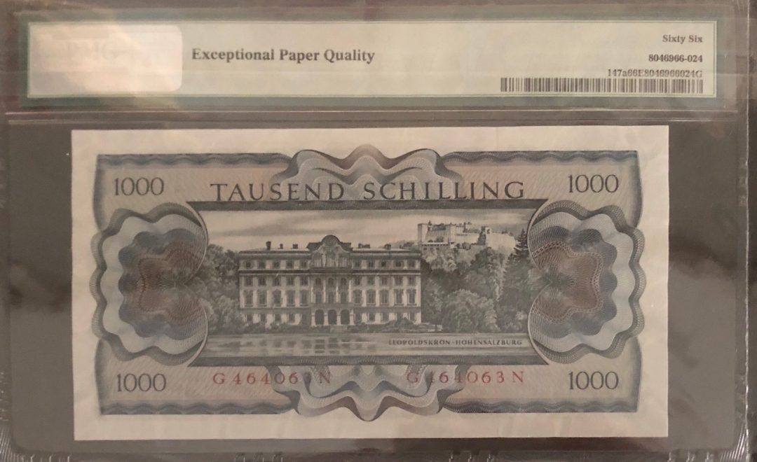 收藏联盟第七十八期拍卖 奥地利1966年1000先令 苏特纳 PMG66E S/N:G464063N