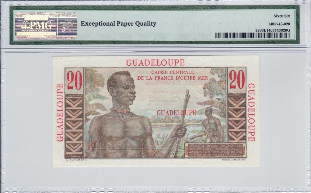 收藏联盟第七十八期拍卖 瓜德罗普1947-49年20法郎 P-33 稀少靓号冠军分 PMG66 S/N:T.6 82008