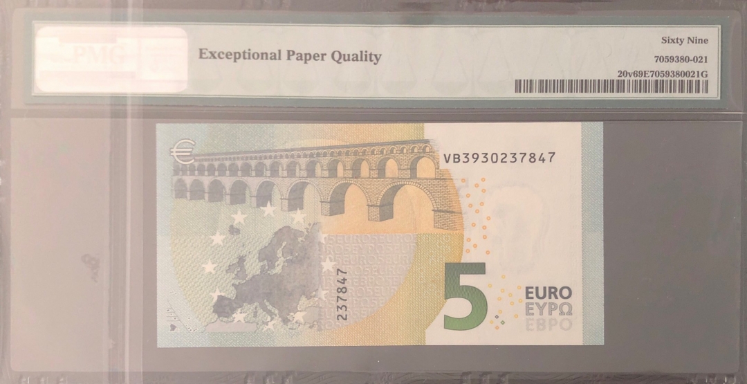 收藏联盟第七十八期拍卖 欧元2013版5欧 西班牙PMG69E S/N:VB3930237847冠军分