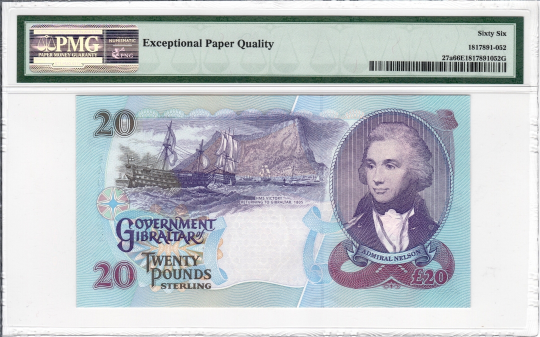 收藏联盟第七十八期拍卖 直布罗陀1995年20镑 P-27a AA冠 女王 PMG66 S/N:AA995692