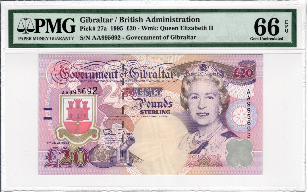 收藏联盟第七十八期拍卖 直布罗陀1995年20镑 P-27a AA冠 女王 PMG66 S/N:AA995692