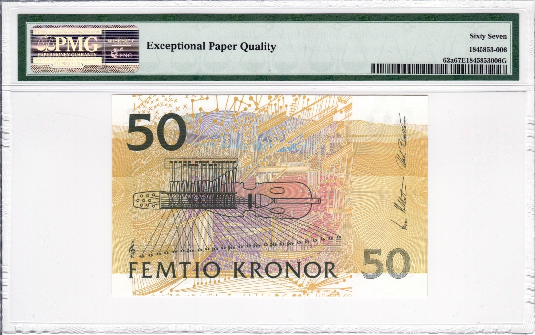 收藏联盟第七十八期拍卖  瑞典2002年50克朗 P-62a初版夜莺 PMG67 S/N:2840178167