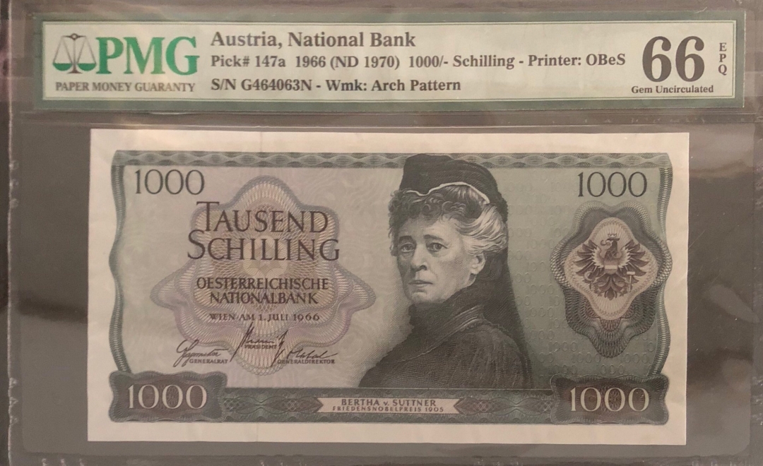 收藏联盟第七十八期拍卖 奥地利1966年1000先令 苏特纳 PMG66E S/N:G464063N