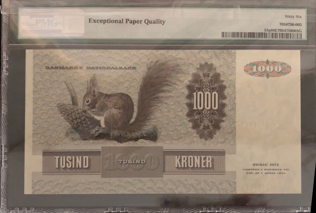 收藏联盟第七十八期拍卖 丹麦1992年1000克朗 大松鼠🐿️ PMG66E