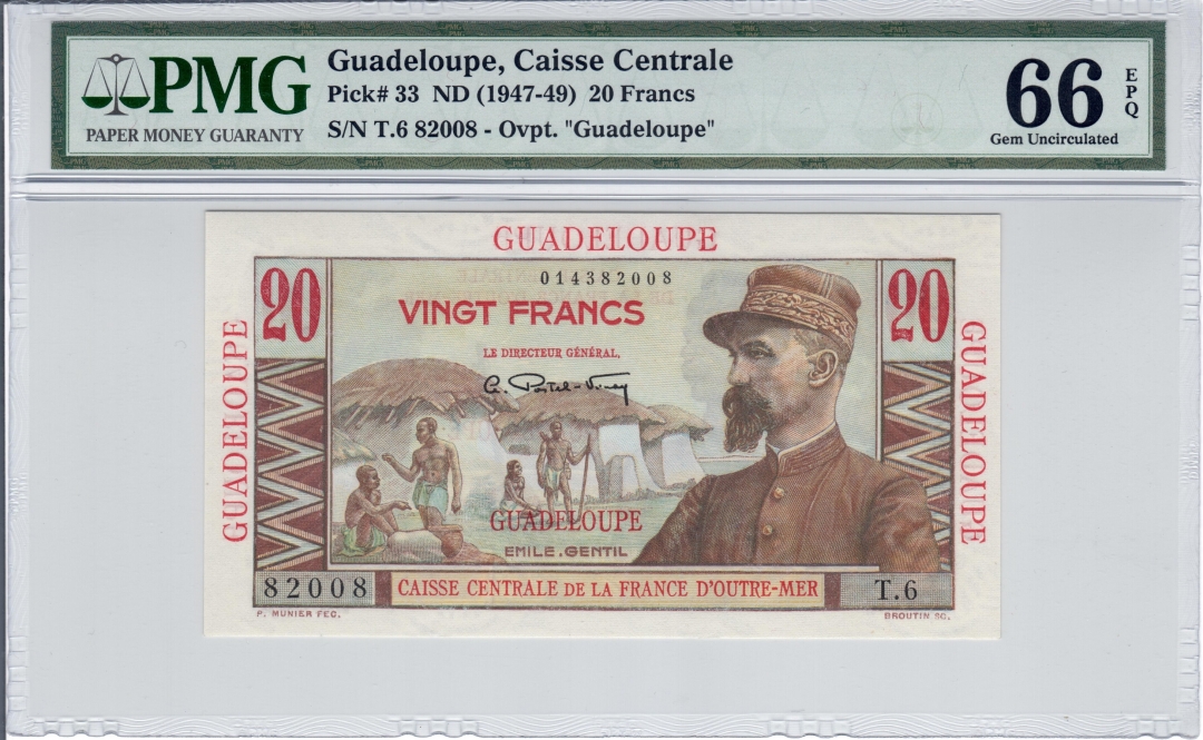 收藏联盟第七十八期拍卖 瓜德罗普1947-49年20法郎 P-33 稀少靓号冠军分 PMG66 S/N:T.6 82008