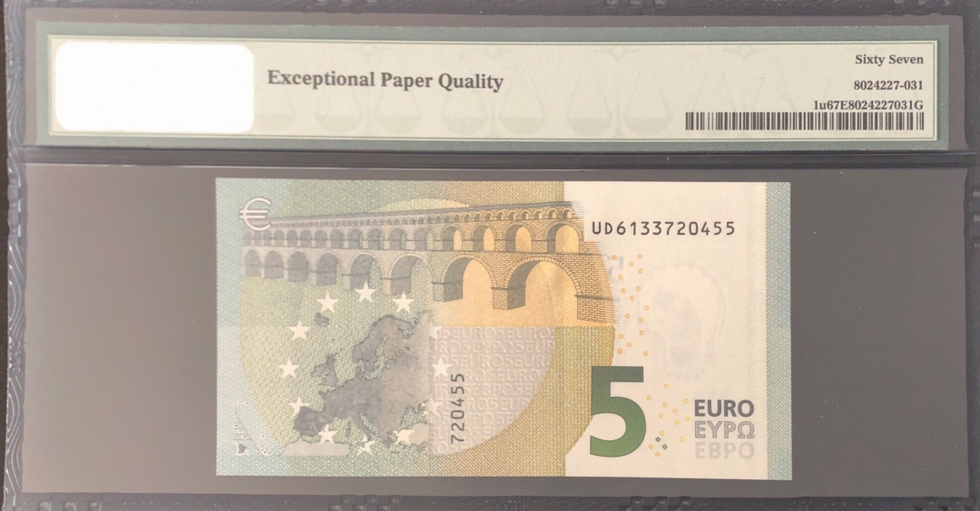 收藏联盟第七十八期拍卖 欧元2002版5欧 法国 PMG67 S/N:UD6133720455