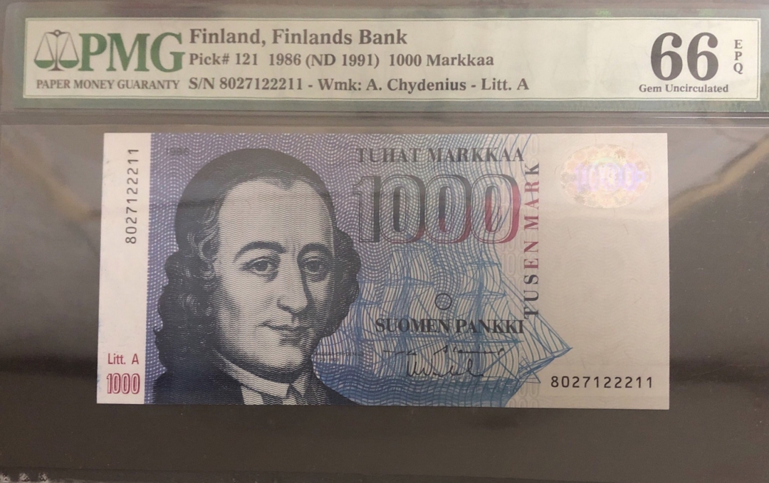 收藏联盟第七十八期拍卖 芬兰1986年1000马克 Lit A版 PMG66E S/N:8027122211