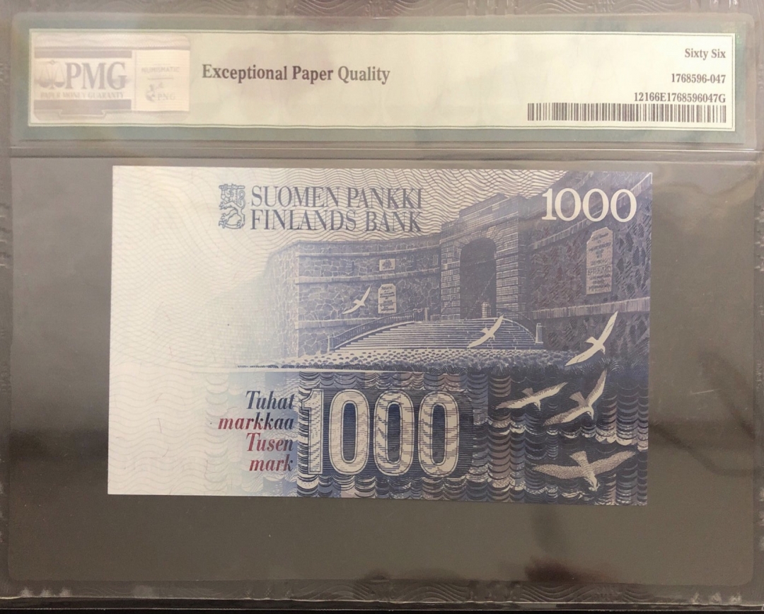 收藏联盟第七十八期拍卖 芬兰1986年1000马克 Lit A版 PMG66E S/N:8027122211