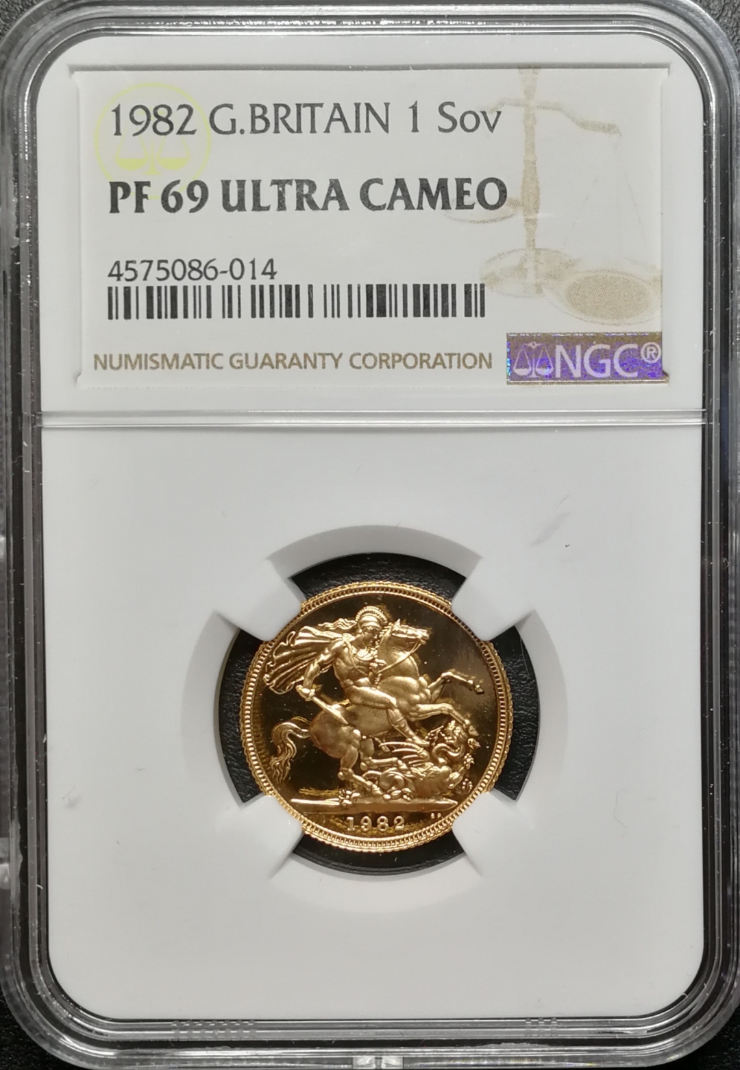 凡希社世界钱币微拍第七十八期 1982英国索维林马剑金币NGC-PF69UC