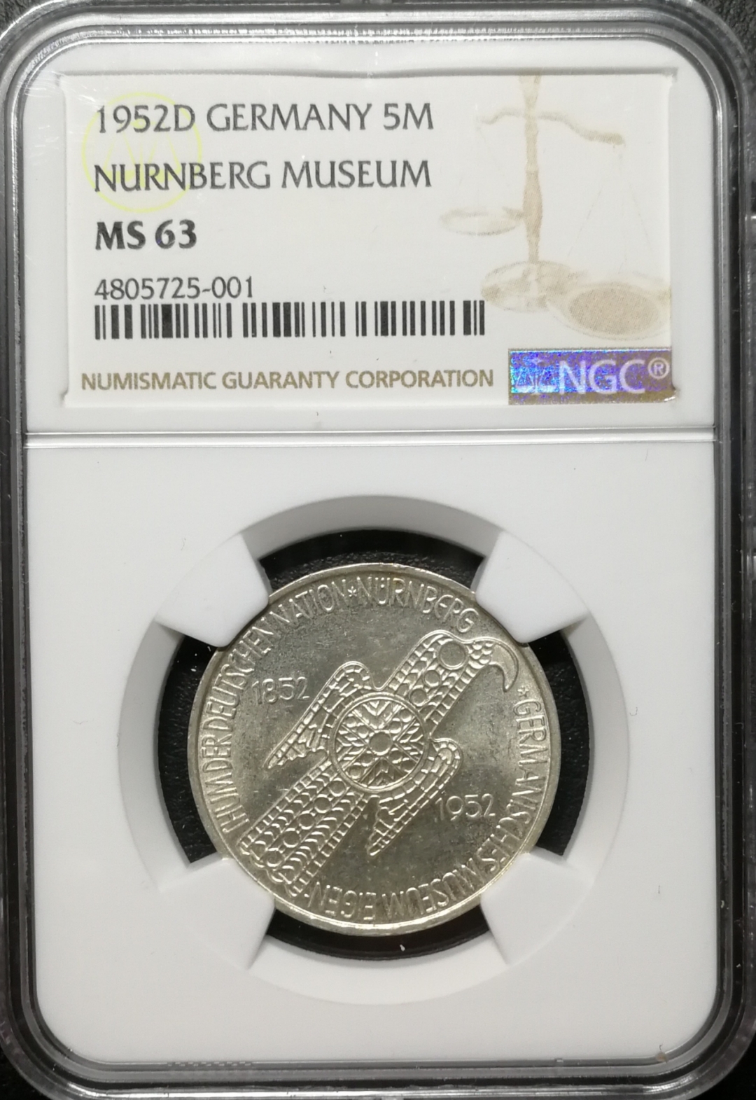 凡希社世界钱币微拍第七十八期 1952联邦德国纽伦堡博物馆5马克NGC-MS63