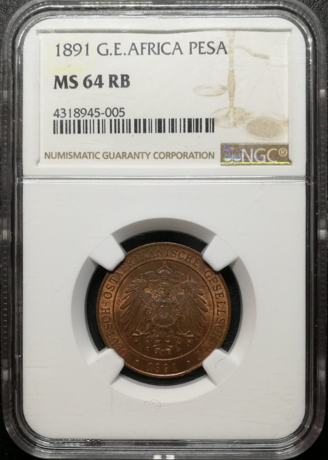凡希社世界钱币微拍第七十八期 1891德属东非PESA NGC-MS64