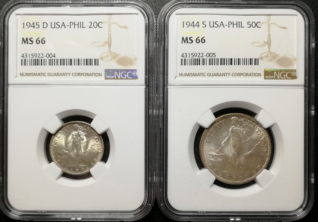 凡希社世界钱币微拍第七十八期 1944美属菲律宾银币一对NGC-MS66