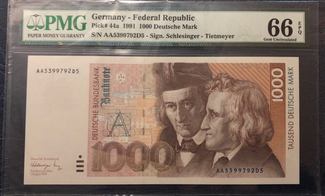收藏联盟第七十九期拍卖 1991年德国1000马克 格林兄弟 PMG66ES/N:AA5399792D5