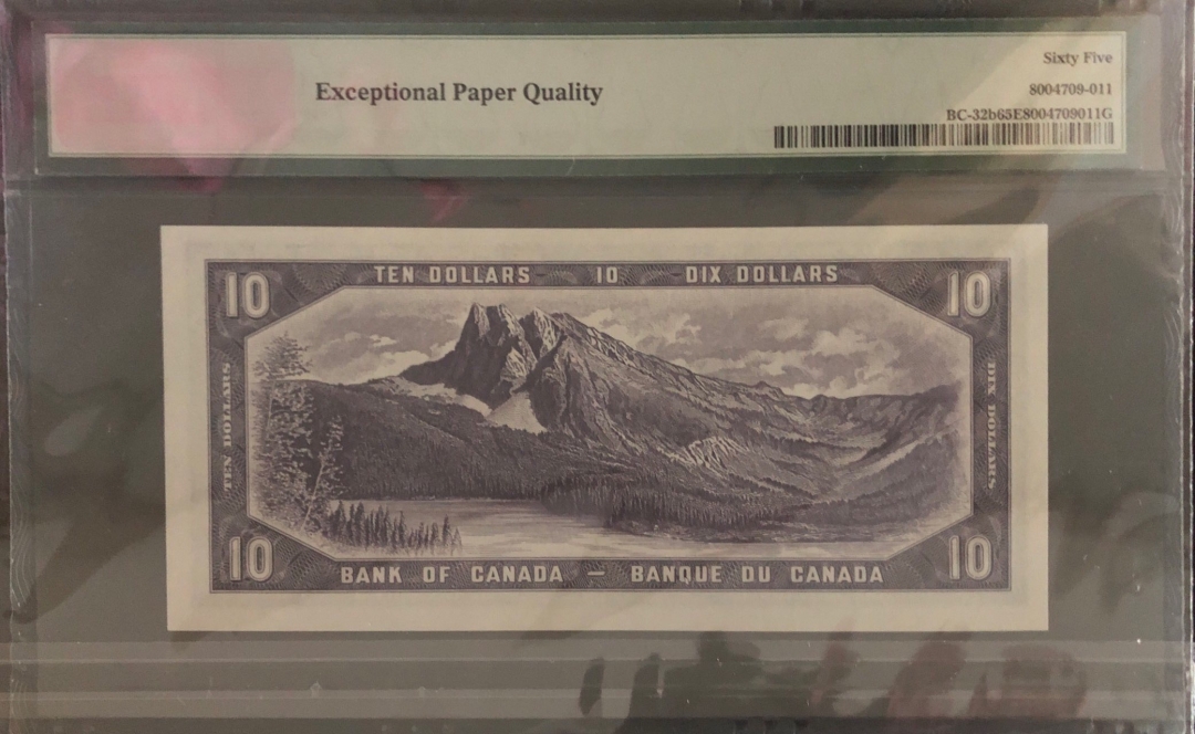 收藏联盟第七十九期拍卖 1954年加拿大10元 鬼脸版 PMG65E S/N: F/D 2977881