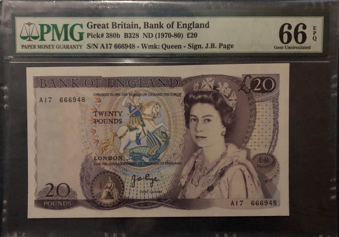 收藏联盟第七十九期拍卖 英国D序列20镑 女王水印 PMG66ES/N:A17666948