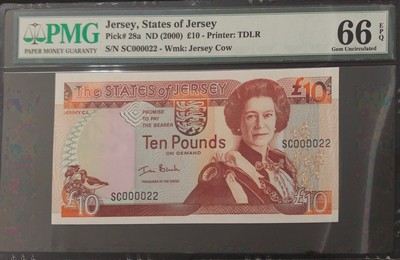 收藏联盟第七十九期拍卖 - 2000年泽西10镑 PMG66 十位双尾靓号 S/N:SC000022