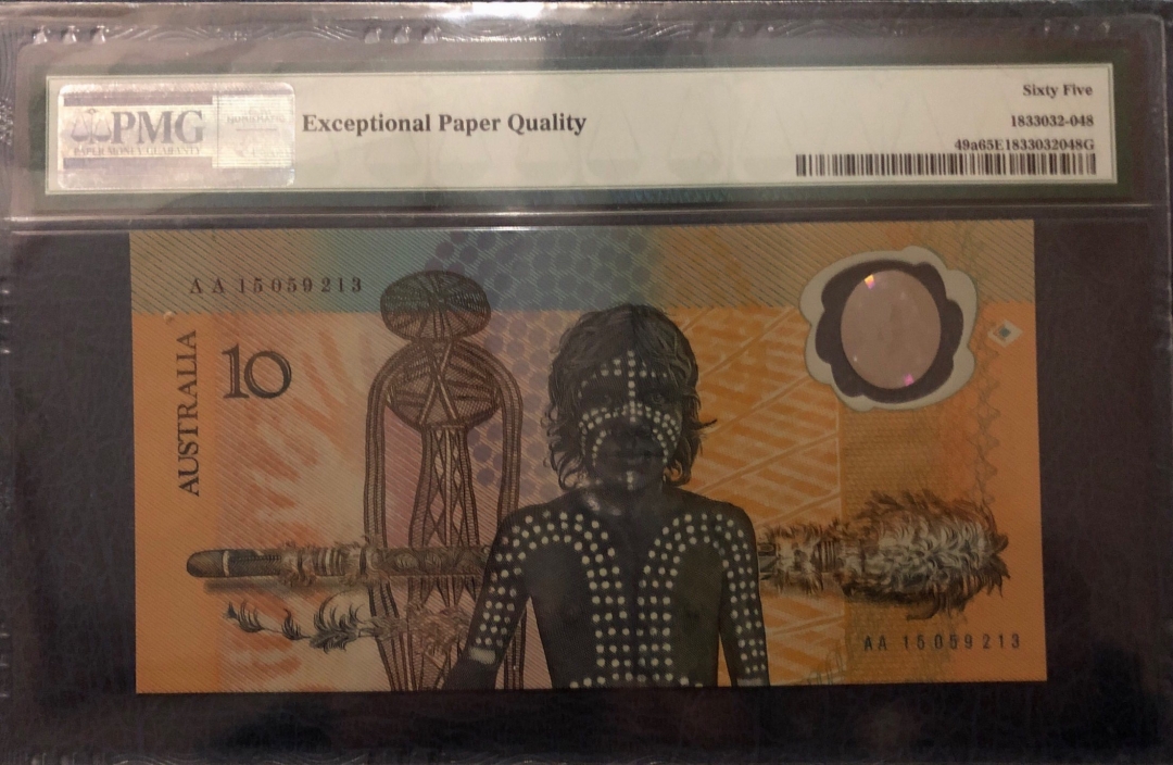 收藏联盟第七十九期拍卖 1988年澳洲200周年移民纪念钞 世界首枚塑料钞票 PMG65E S/N:AA15059213