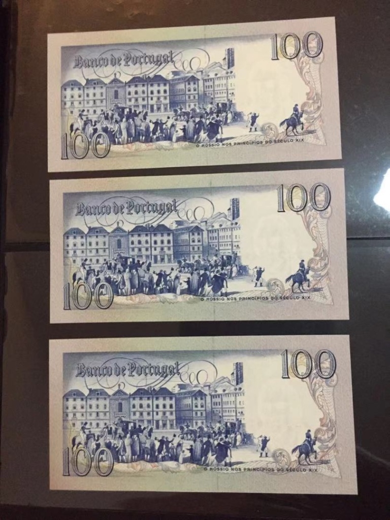 收藏联盟第七十九期拍卖 1981年葡萄牙100埃库多斯三连号 UNC