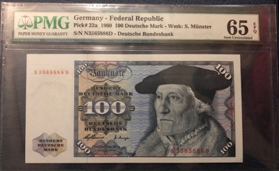 收藏联盟第七十九期拍卖 - 1960年德国100马克 明斯特 PMG65E 初版明斯特无47尾豹子888 S/N:N3565888