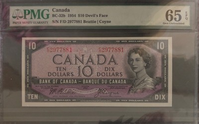收藏联盟第七十九期拍卖 - 1954年加拿大10元 鬼脸版 PMG65E S/N: F/D 2977881