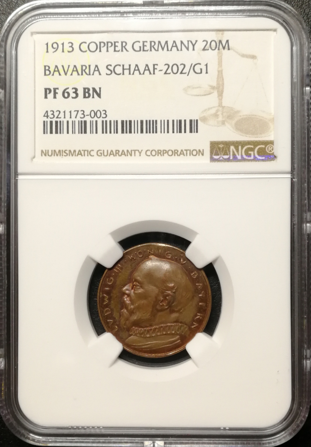 凡希社世界钱币微拍第七十九期 1913巴伐利亚20马克金币铜样NGC-PF63