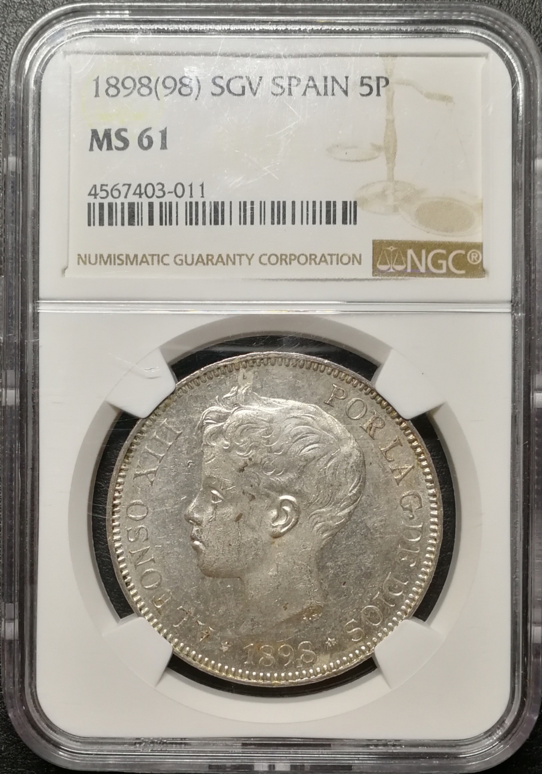 凡希社世界钱币微拍第七十九期 1898西班牙小男孩5比塞塔NGC-MS61