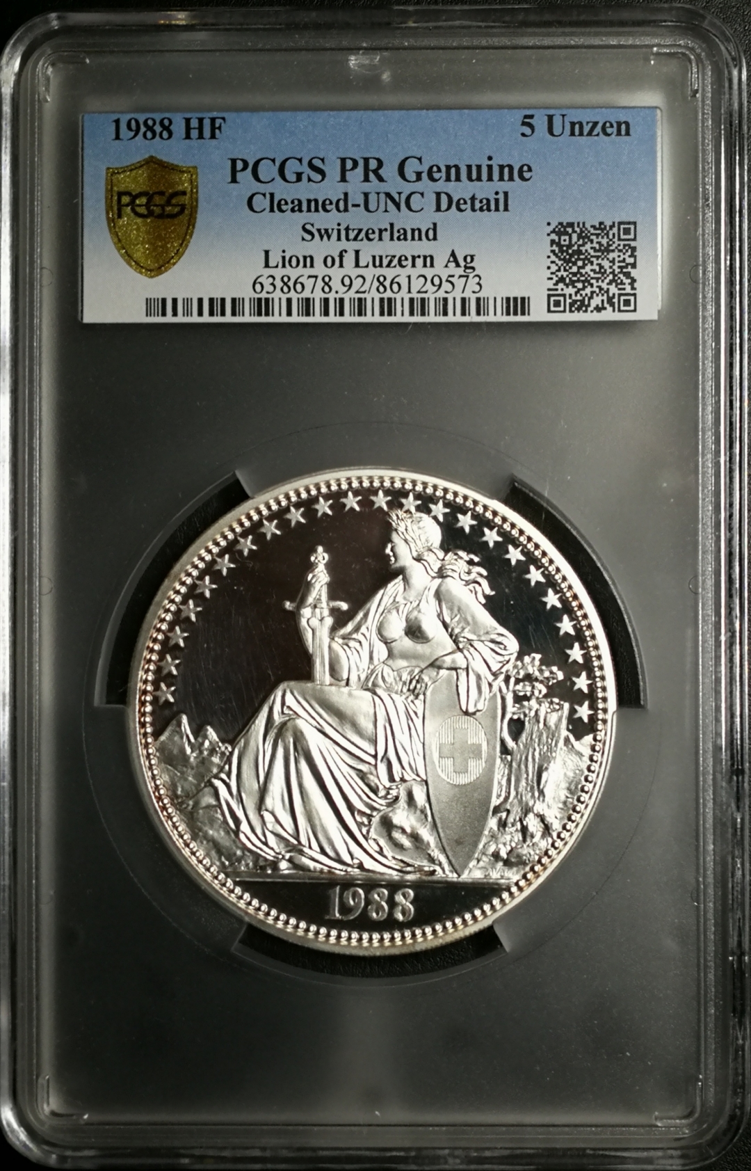 凡希社世界钱币微拍第七十九期 1988瑞士5盎司大银悲伤之狮PCGS-PROOF