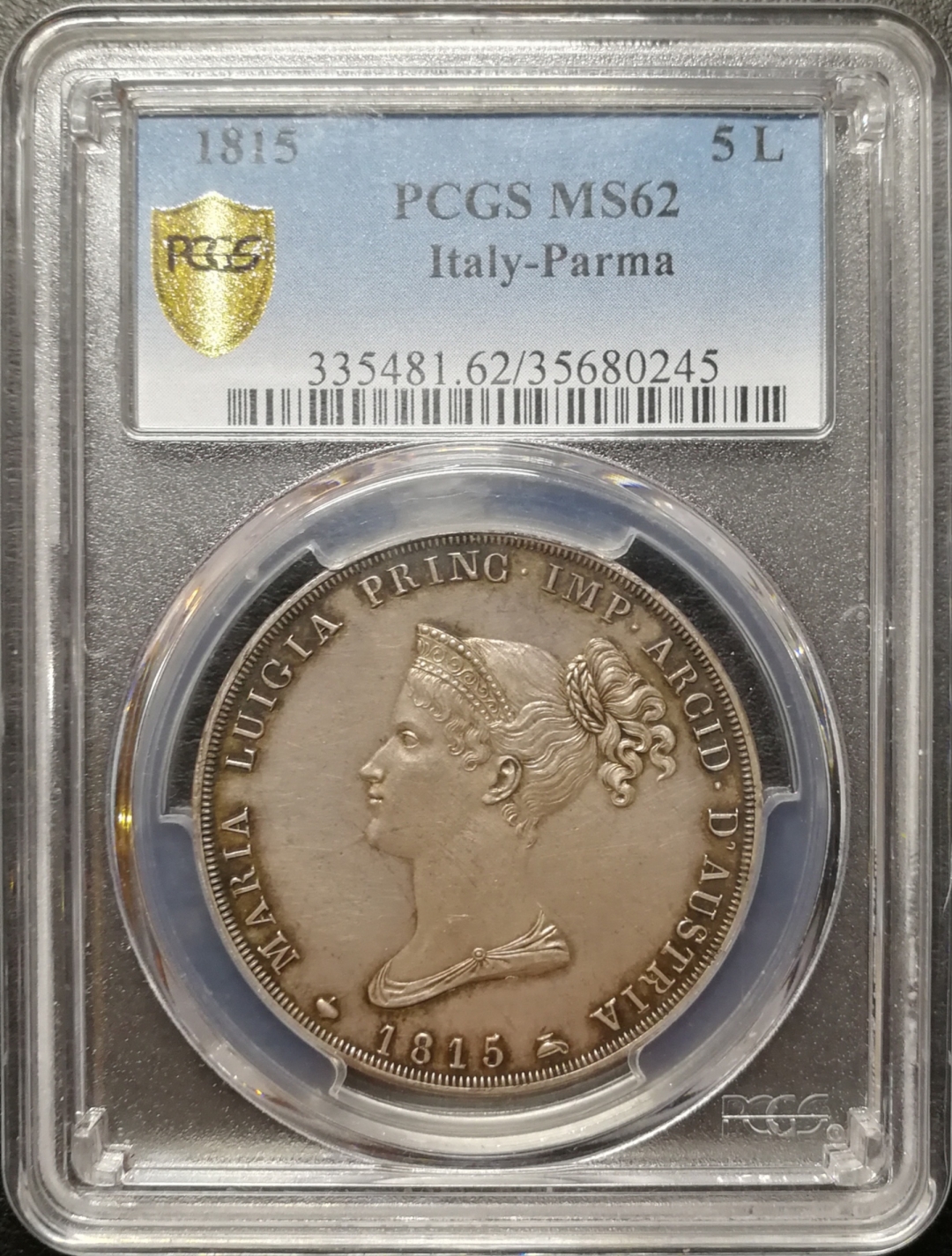 凡希社世界钱币微拍第七十九期 稀!1815帕尔马玛利亚路易吉亚5里拉大银PCGS-MS62