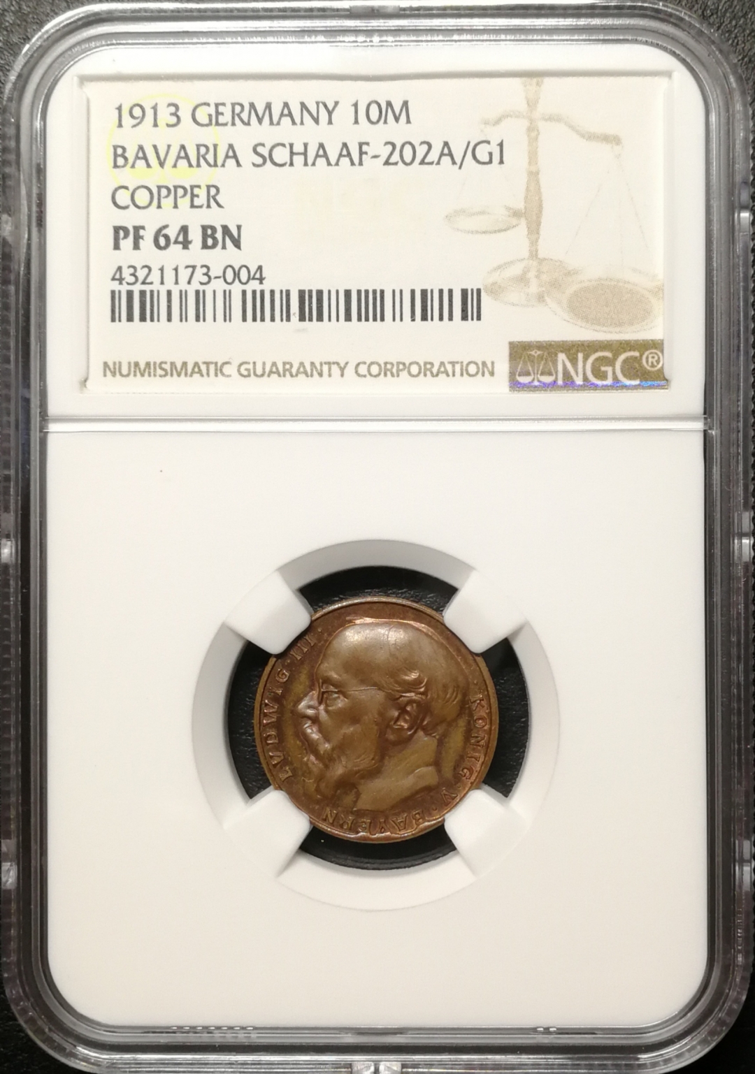 凡希社世界钱币微拍第七十九期 1913巴伐利亚10马克金币铜样哥茨作品NGC-PF64