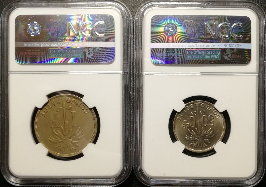 凡希社世界钱币微拍第七十九期 比属刚果50分法郎一对NGC-50/61