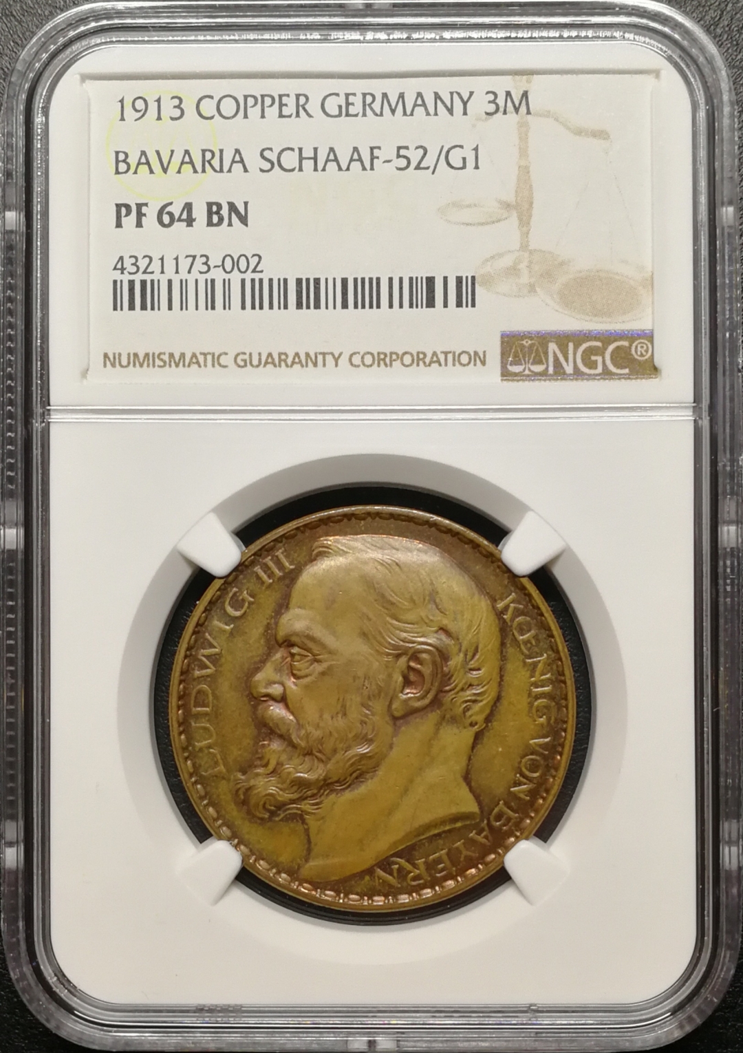 凡希社世界钱币微拍第七十九期 1913巴伐利亚3马克银币铜样NGC-PF64