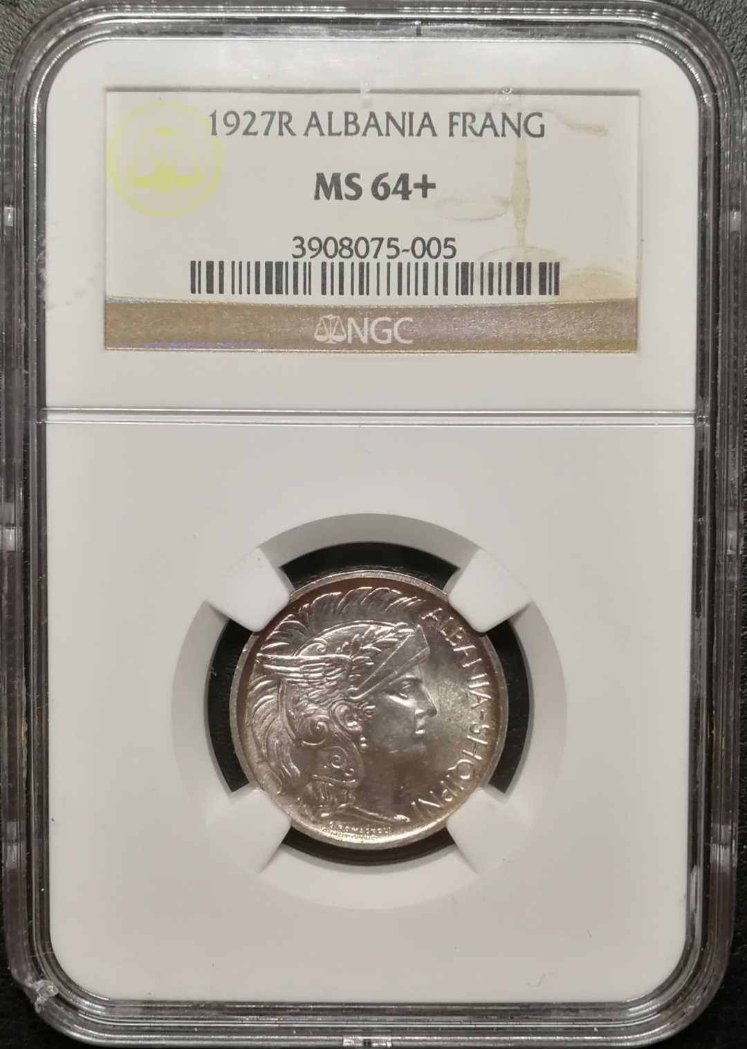 凡希社世界钱币微拍第七十九期 1927阿尔巴尼亚雅典娜1FR NGC-MS64+