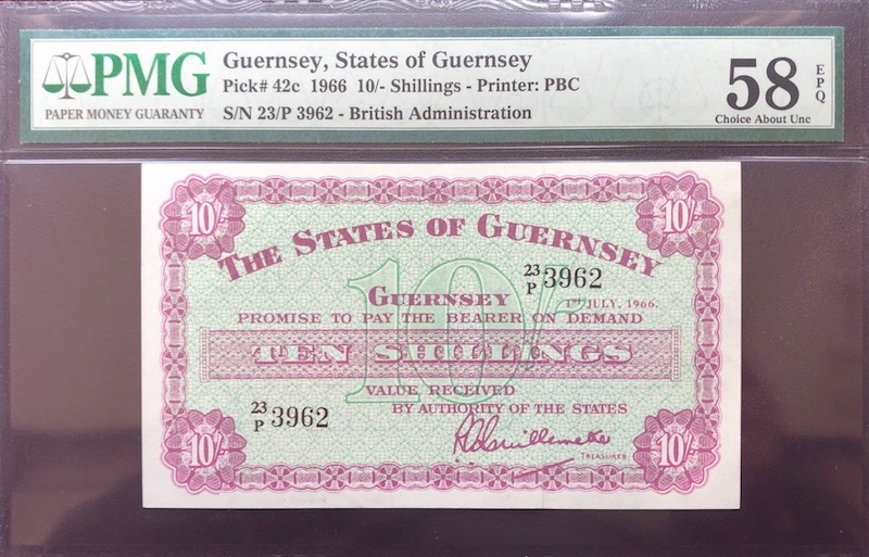 收藏联盟第八十期拍卖 1966年格恩西10先令 PMG58E S/N:23/P 3962
