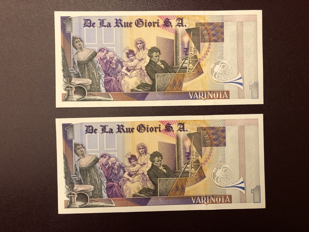 收藏联盟第八十期拍卖 德拉罗公司贝多芬测试钞红黑字一对 UNC