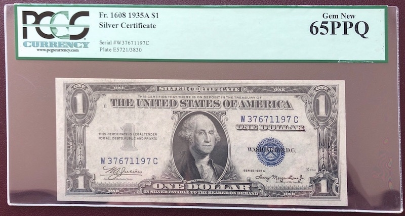 收藏联盟第八十期拍卖 美国1935A 1美元银元券 PCGS65PPQ S/N:W37671197C