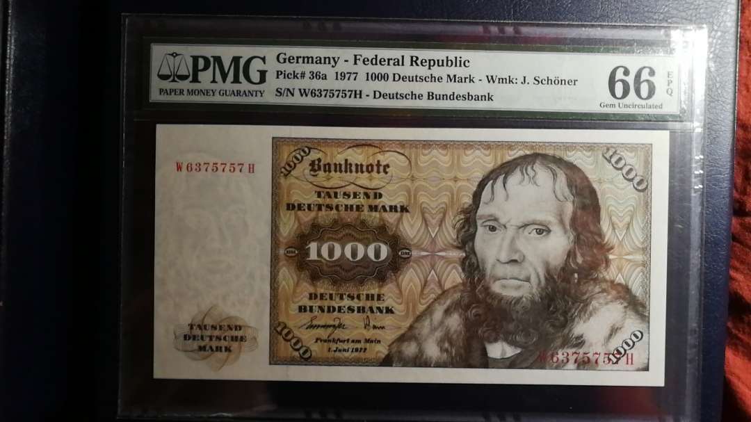 收藏联盟第八十期拍卖 1977年德国 1000马克 舍那 PMG66E S/N:W6375757H