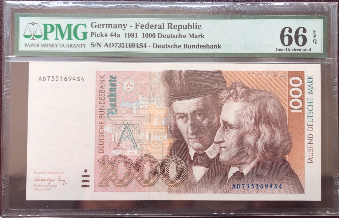 收藏联盟第八十期拍卖 1991年德国1000马克 格林兄弟 PMG66E S/N:AD7351694S4
