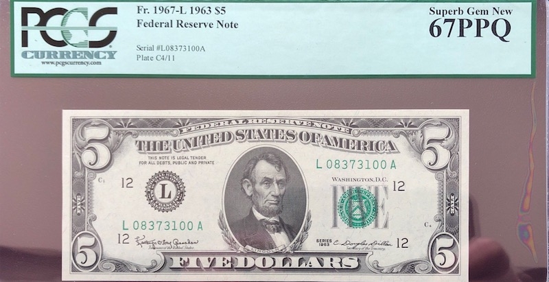 收藏联盟第八十期拍卖 1967年美国5美元 PCGS67PPQ S/N:L08373100A