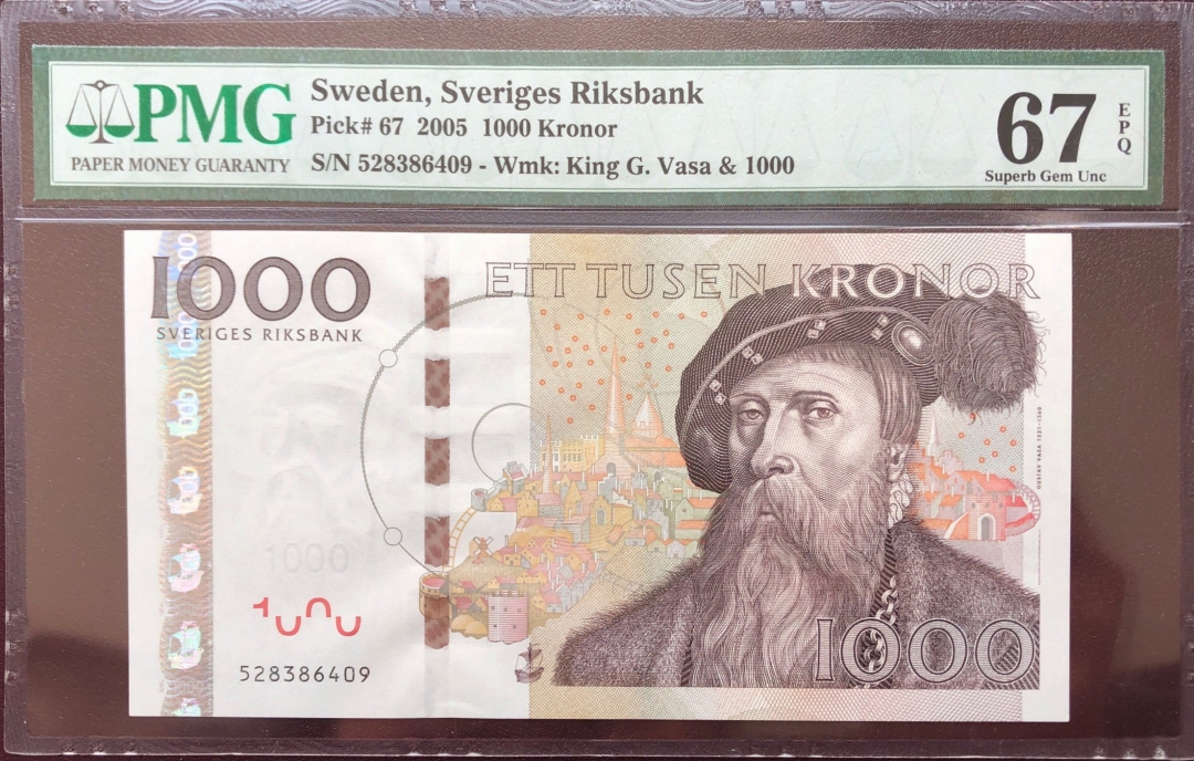 收藏联盟第八十期拍卖 2005年瑞典1000克朗大胡子 PMG67E S/N:528386409